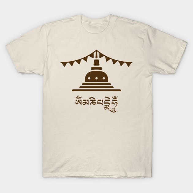 Tibetan Stupa Om Mani Padme Hum - Dark T-Shirt by footloosefabric